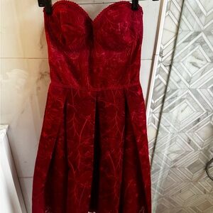 NADINE MERABI Strapless Red Lace Fit & Flare Dress